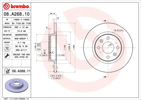 Brembo 08.A268.10 - Тормозной диск unicars.by