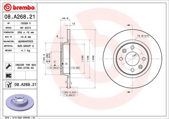 Brembo 08.A268.21 - Тормозной диск unicars.by