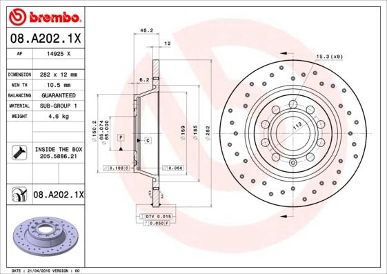 Brembo 08.A202.1X - Тормозной диск unicars.by