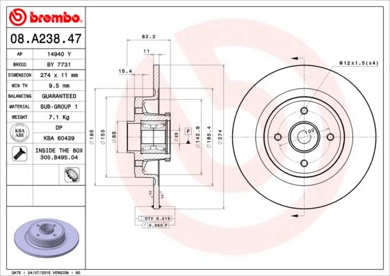 Brembo 08.A238.47 - Тормозной диск unicars.by