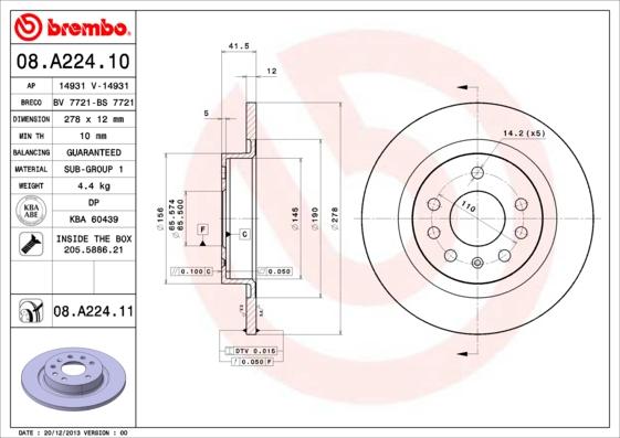 Brembo 08.A224.10 - Тормозной диск unicars.by