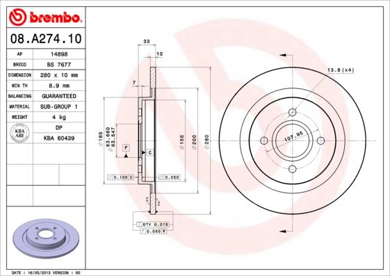 Brembo 08.A274.10 - Тормозной диск unicars.by