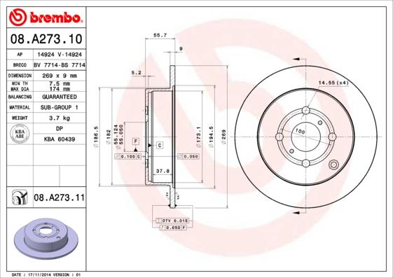 Brembo 08.A273.10 - Тормозной диск unicars.by