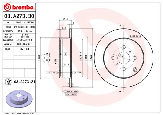 Brembo 08.A273.30 - Тормозной диск unicars.by