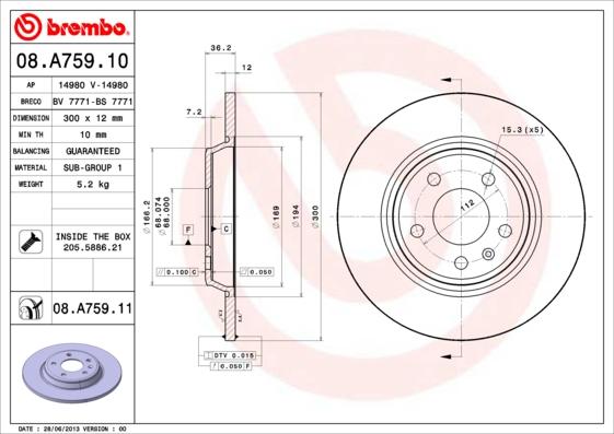 Brembo 08.A759.10 - Тормозной диск unicars.by