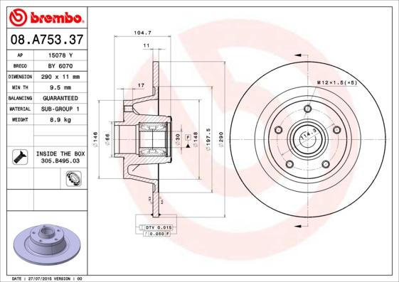 Brembo 08.A753.37 - Тормозной диск unicars.by