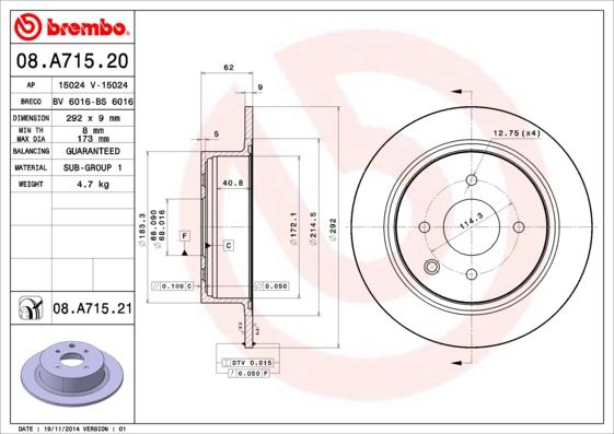 Brembo 08.A715.20 - Тормозной диск unicars.by