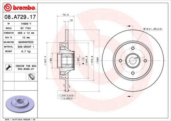 Brembo 08.A729.17 - Тормозной диск unicars.by