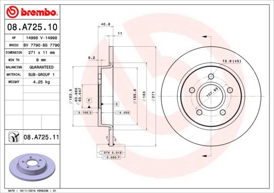 Brembo 08.A725.11 - Тормозной диск unicars.by