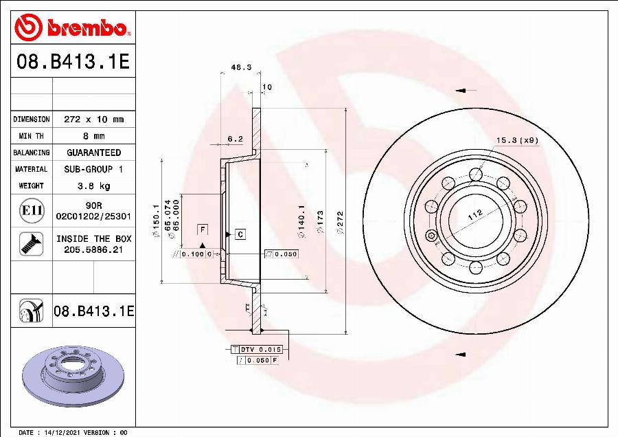 Brembo 08.B413.1E - Тормозной диск unicars.by