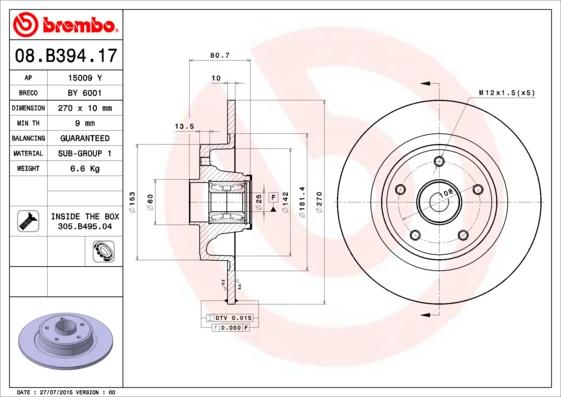 Brembo 08.B394.17 - Тормозной диск unicars.by