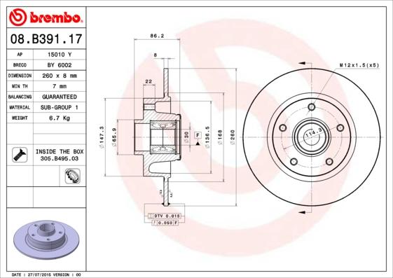 Brembo 08.B391.17 - Тормозной диск unicars.by