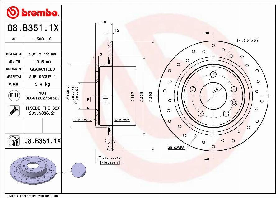 Brembo 08.B351.1X - Тормозной диск unicars.by