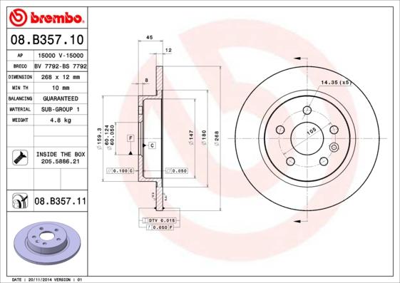 Brembo 08.B357.11 - Тормозной диск unicars.by