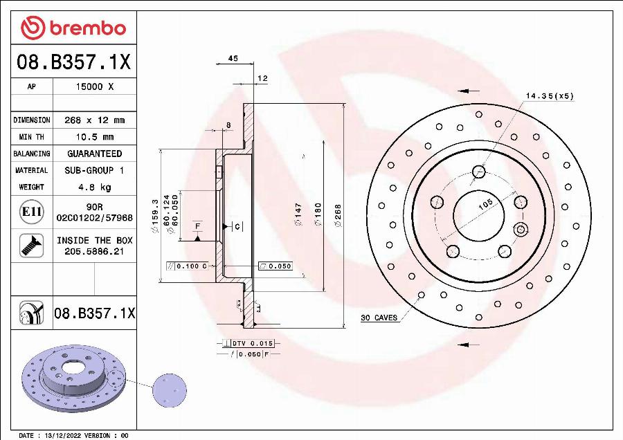 Brembo 08.B357.1X - Тормозной диск unicars.by