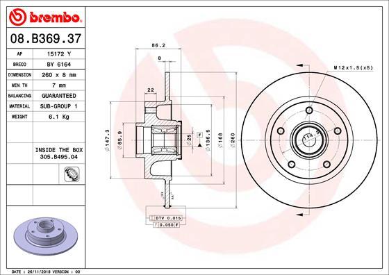 Brembo 08.B369.37 - Тормозной диск unicars.by