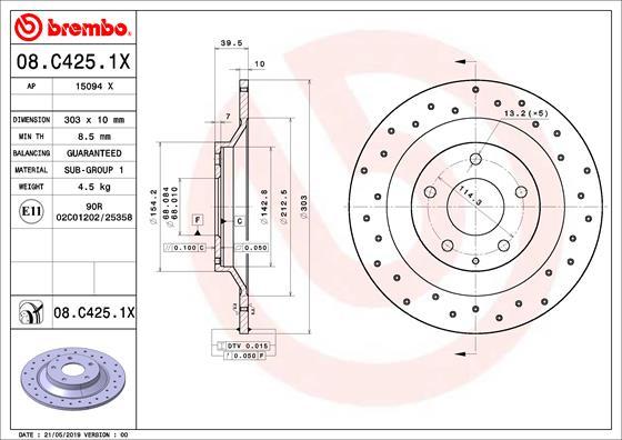 Brembo 08.C425.1X - Тормозной диск unicars.by