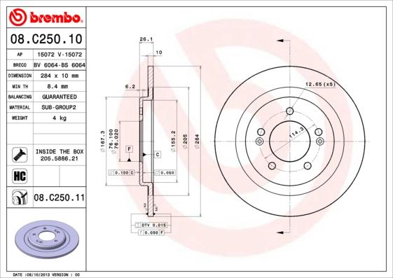 Brembo 08.C250.10 - Тормозной диск unicars.by