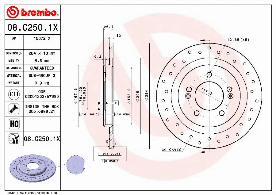 Brembo 08.C250.1X - Тормозной диск unicars.by