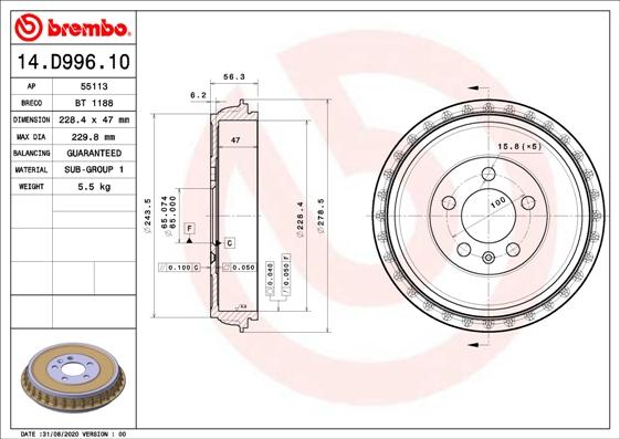 Brembo 14.D996.10 - Тормозной барабан unicars.by