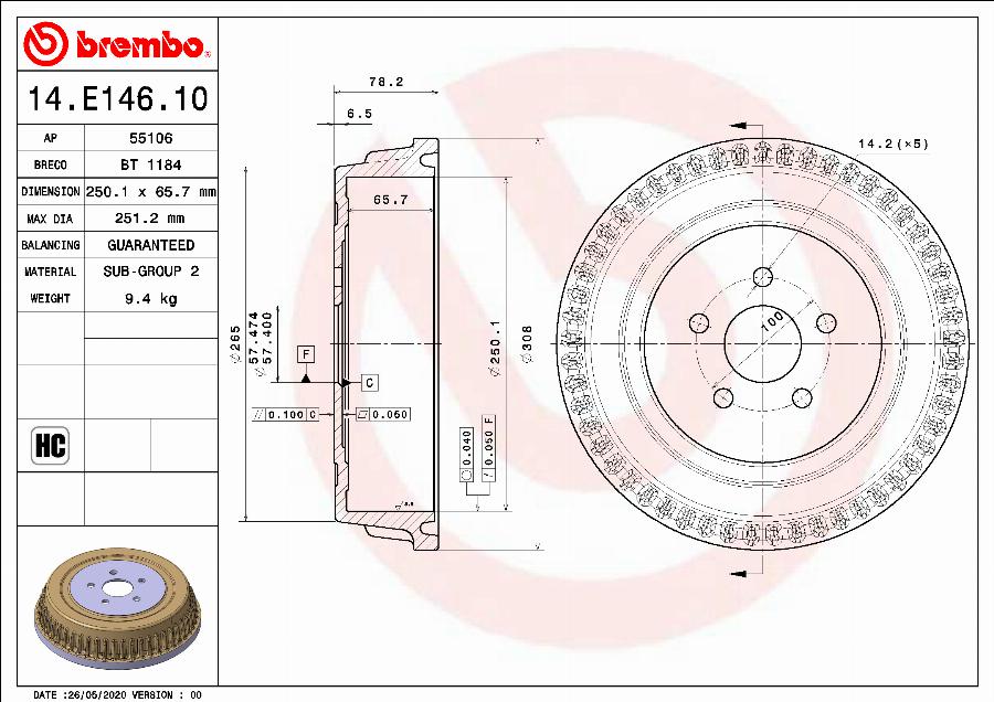 Brembo 14.E146.10 - Тормозной барабан unicars.by