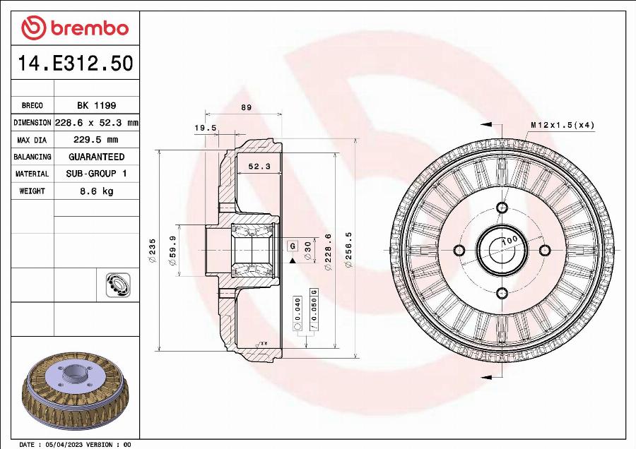 Brembo 14.E312.50 - Тормозной барабан unicars.by