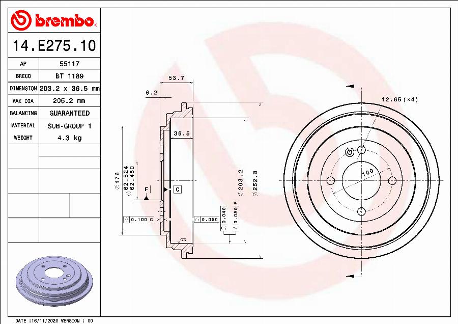 Brembo 14.E275.10 - Тормозной барабан unicars.by