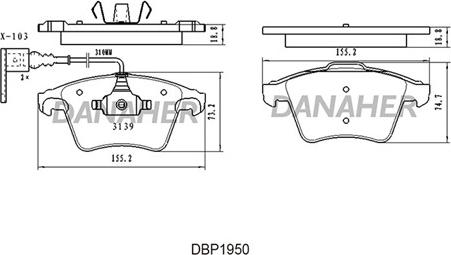 Danaher DBP1950 - Тормозные колодки, дисковые, комплект unicars.by