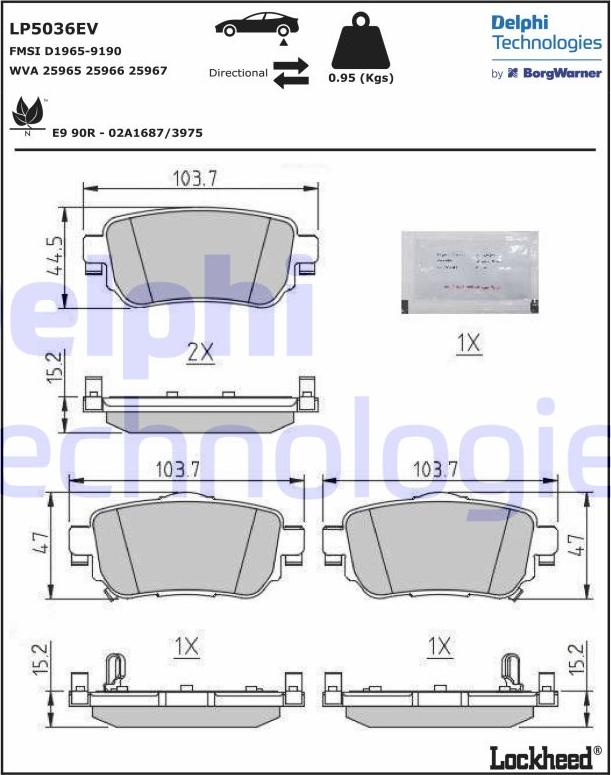 Delphi LP5036EV - Тормозные колодки, дисковые, комплект unicars.by