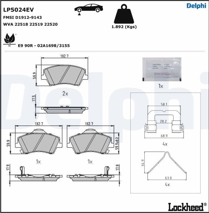 Delphi LP5024EV - Тормозные колодки, дисковые, комплект unicars.by