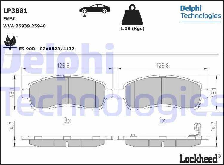 Delphi LP3881 - Тормозные колодки, дисковые, комплект unicars.by