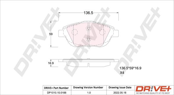 Dr!ve+ DP1010.10.0188 - Тормозные колодки, дисковые, комплект unicars.by