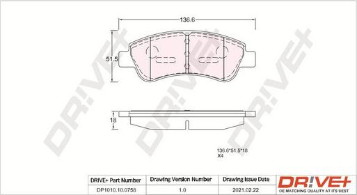 Dr!ve+ DP1010.10.0758 - Тормозные колодки, дисковые, комплект unicars.by