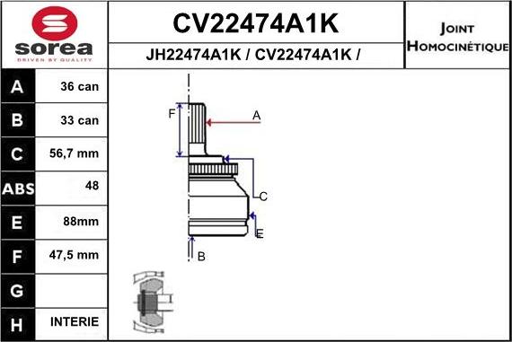 EAI CV22474A1K - Шарнирный комплект, ШРУС, приводной вал unicars.by