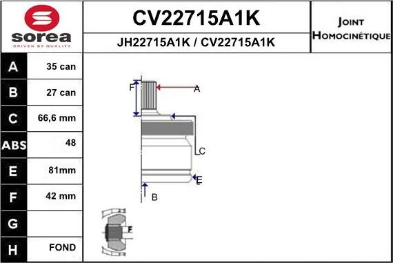 EAI CV22715A1K - Шарнирный комплект, ШРУС, приводной вал unicars.by