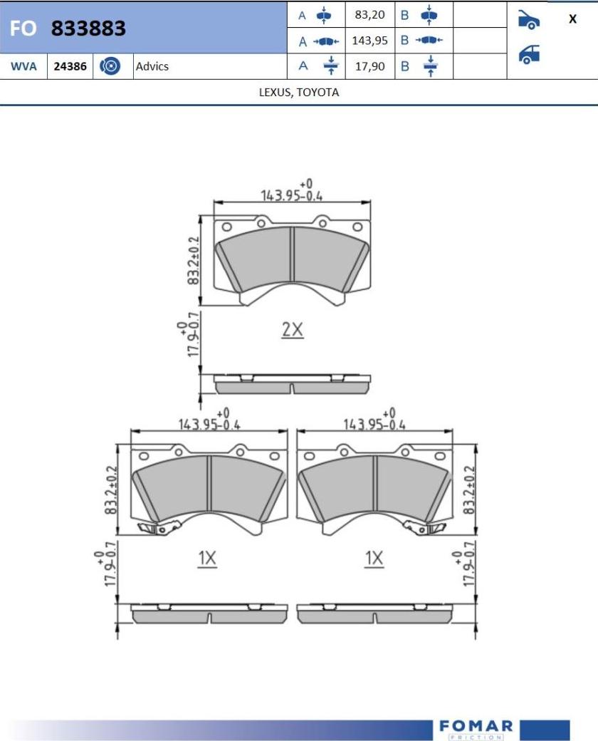 FOMAR Friction FO 833883 - Тормозные колодки, дисковые, комплект unicars.by