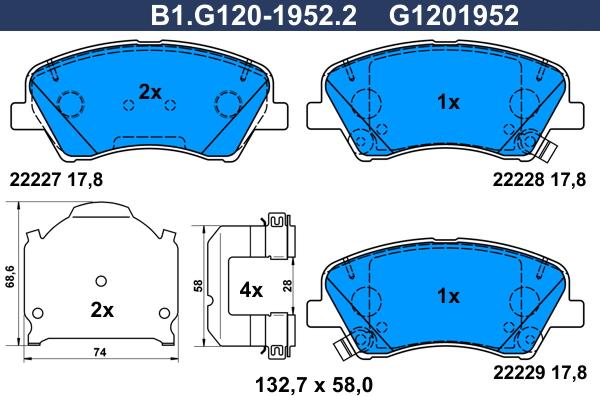 Galfer B1.G120-1952.2 - Тормозные колодки, дисковые, комплект unicars.by