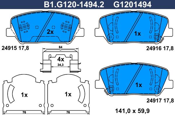 Galfer B1.G120-1494.2 - Тормозные колодки, дисковые, комплект unicars.by