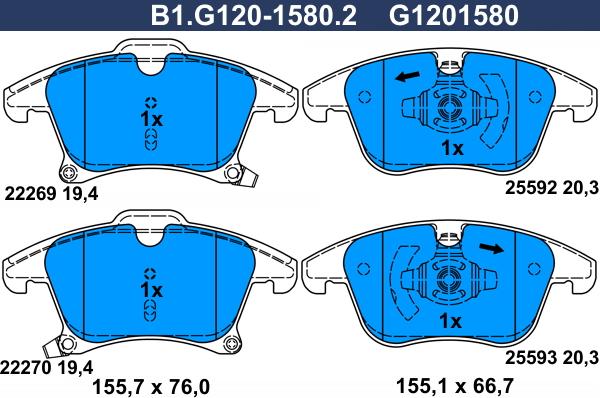 Galfer B1.G120-1580.2 - Тормозные колодки, дисковые, комплект unicars.by