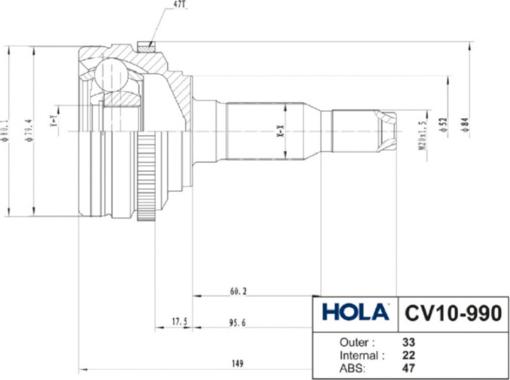 Hola CV10-990 - Шарнирный комплект, ШРУС, приводной вал unicars.by