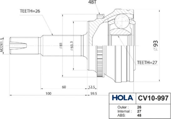 Hola CV10997 - Шарнирный комплект, ШРУС, приводной вал unicars.by