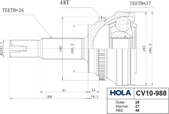 Hola CV10-988 - Шарнирный комплект, ШРУС, приводной вал unicars.by