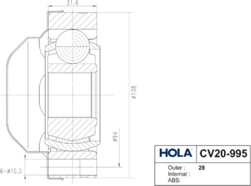 Hola CV20-995 - Шарнирный комплект, ШРУС, приводной вал unicars.by