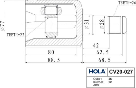 Hola CV20-027 - Шарнирный комплект, ШРУС, приводной вал unicars.by