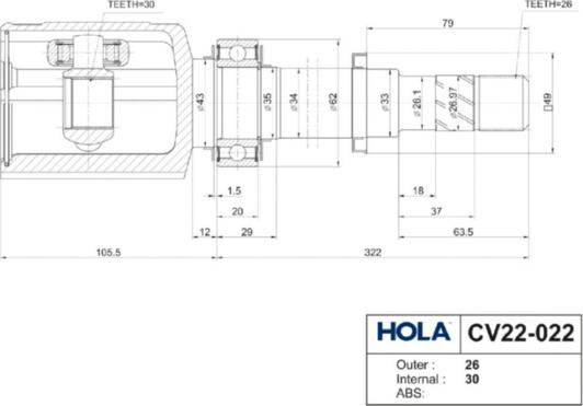 Hola CV22-022 - Шарнирный комплект, ШРУС, приводной вал unicars.by