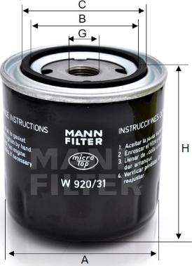 Mann-Filter W 920/31 - Масляный фильтр unicars.by