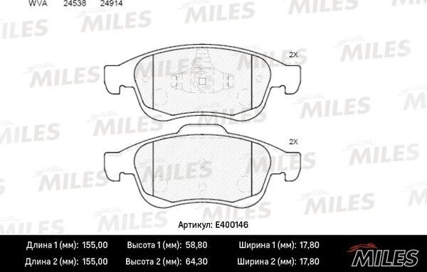 Miles E400146 - Тормозные колодки, дисковые, комплект unicars.by