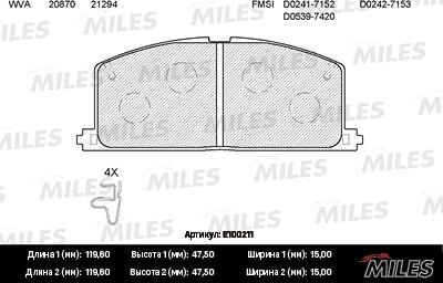 Miles E100211 - Тормозные колодки, дисковые, комплект unicars.by