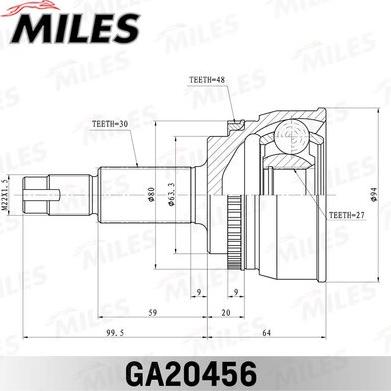 Miles GA20456 - Шарнирный комплект, ШРУС, приводной вал unicars.by