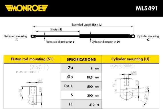 Monroe ML5491 - Газовая пружина, капот unicars.by